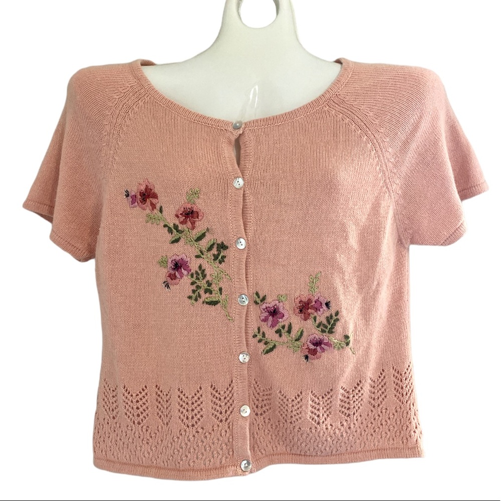 Vintage R&K Originals embroidered floral short sleeve baby pink cardigan